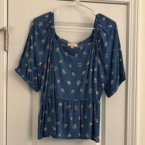 LOFT Blue Peplum Blouse with Puff Sleeves